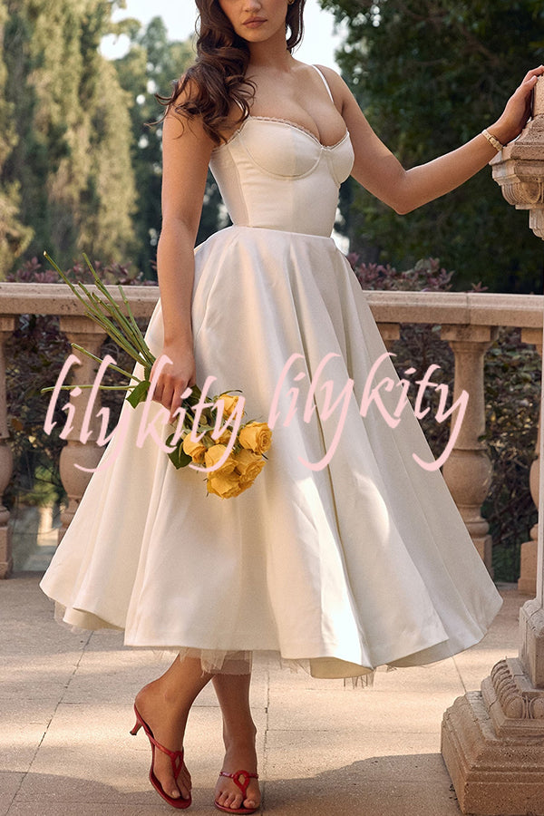 Fairytale Vibe Satin Patchwork Tulle Sweetheart Neck Pocket Stretch Midi Dress