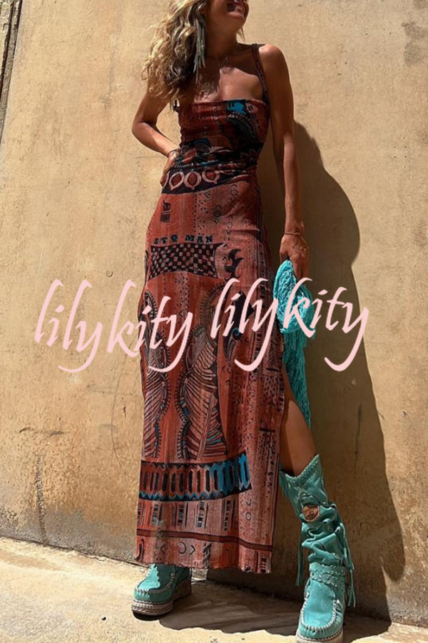 Gypsy Style Unique Print Cowl Neck Back Lace-up Slit Midi Dress