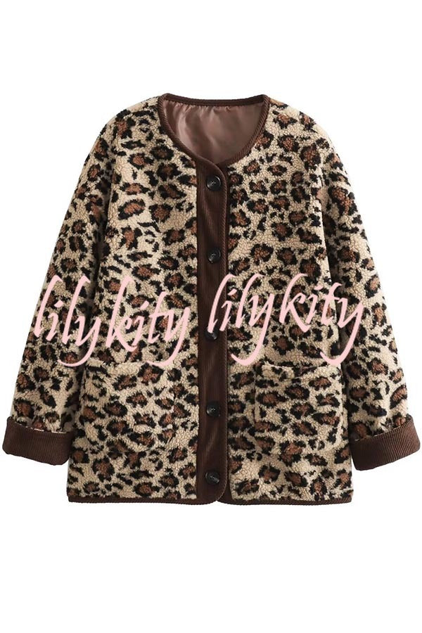 Warm Feel Colorblock Leopard Print Plush Button Up Pocketed Teddy Jacket