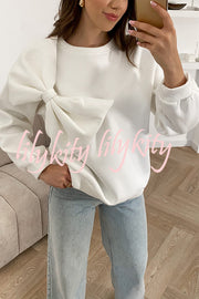 Solid Color Round Neck Long Sleeve Bow Loose Sweatshirts