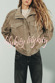 Fashionable Suede Loose Pocket Leather Jacket
