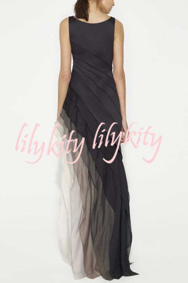 Elegant and Mysterious Tulle Gradient Cascading Design Gown Maxi Dress