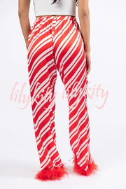 Christmas Party Striped Print Pocket Feather Elastic Waist Pajama Set