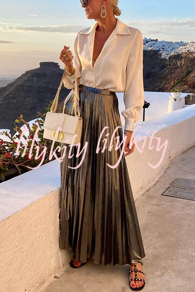 Fashionable Metallic Pleated Back Elastic Waist Maxi Skirt