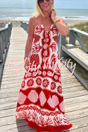 Beautiful Shell Unique Print Front Lace-up Loose  Maxi Dress