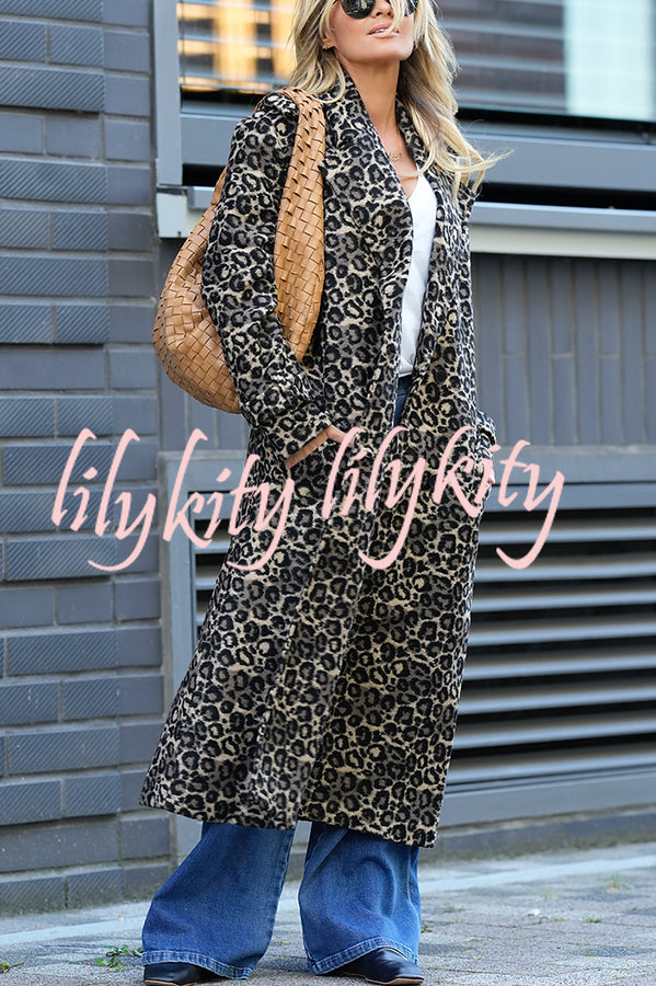 Leopard Affair Animal Print Epaulettes Long Sleeve Pocketed Lapel Midi Trench Coat