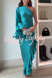 Elegant Satin One Shoulder Sleeve Pleated Ruffles Trim Ruched Asymmetrical Maxi Dress