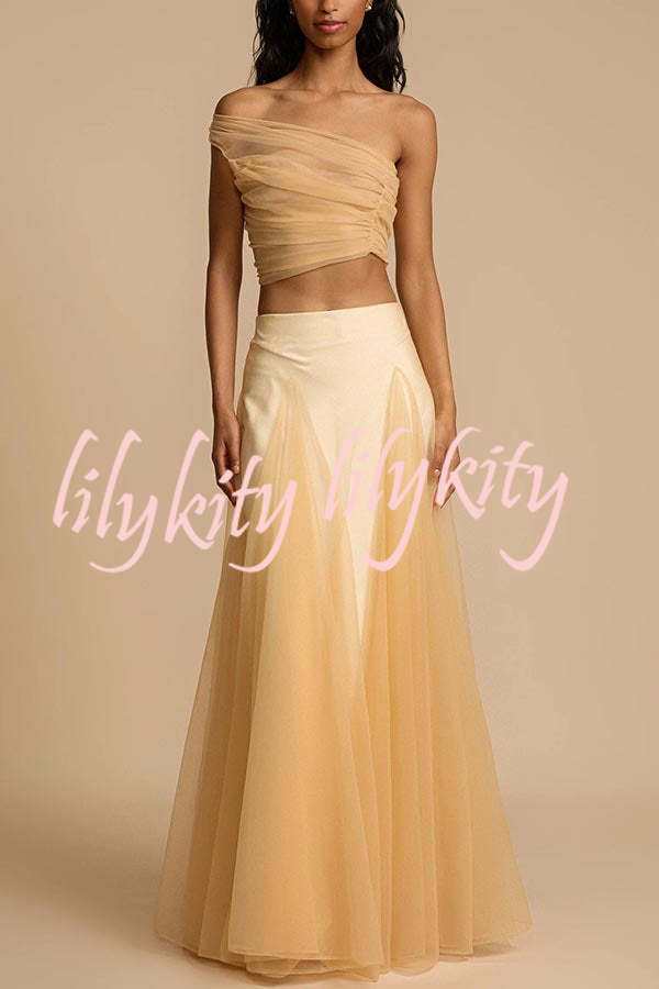 Romance Factor Satin Patchwork Tulle High Rise Elastic Waist A-line Maxi Skirt