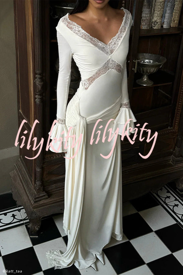 Fashion Lace Splicing Sexy V-neck Long-sleeved Slim Maxi Dress