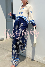 Unique Printed Lapel Long-sleeved Loose Top and Elastic Waist Casual Wide-leg Pants Set