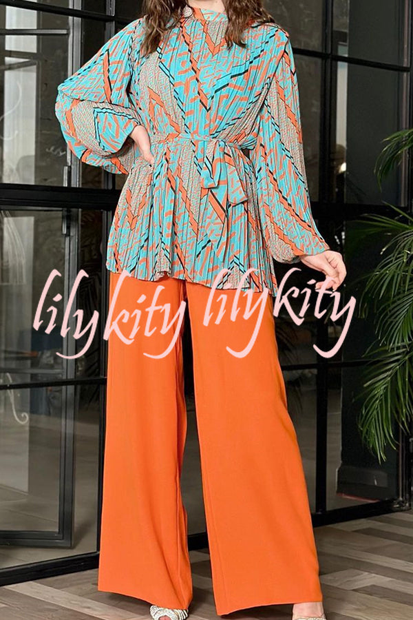 Unique Printed Puff Sleeve Pleated Loose Top and Casual Wide-leg Pants Set