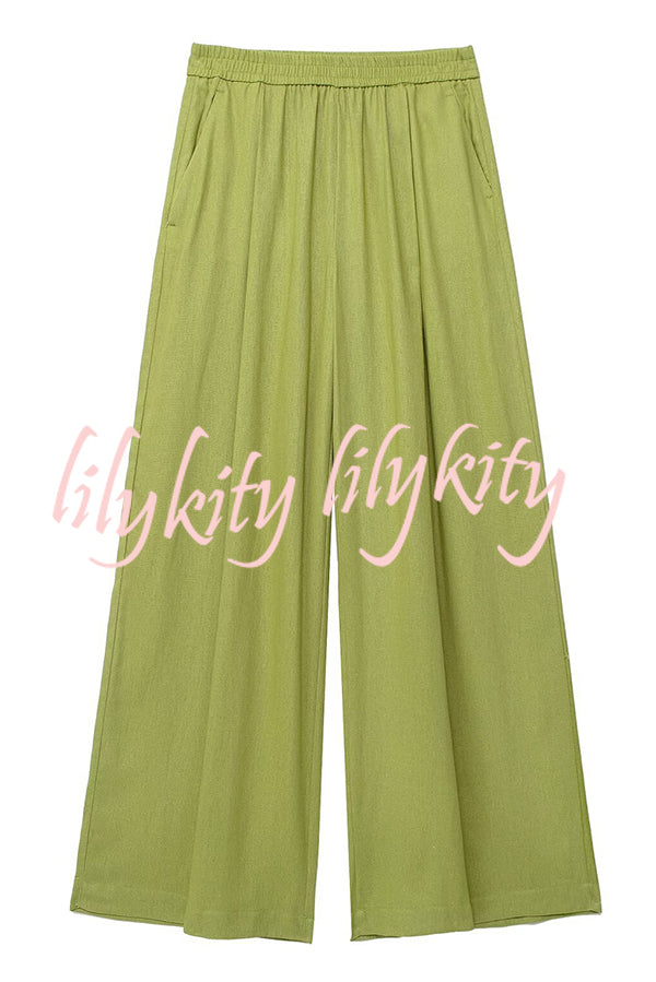 Solid Color Loose Casual Shirt and Elastic Waist Pocket Wide Leg Pants Set