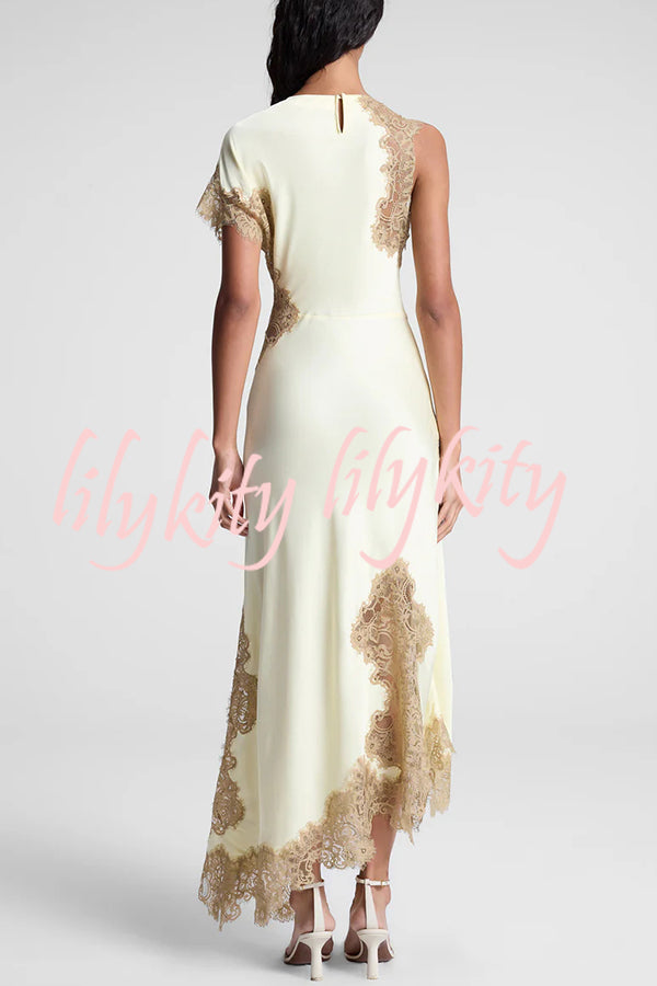 Paris Dream Satin Lace Trim Irregular Design Drape Maxi Dress