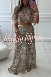 Fashionable Embroidered Flower Sequined Crop Top and Elegant Sheer Maxi Skirt Set