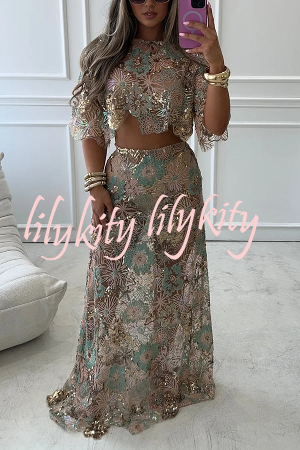 Fashionable Embroidered Flower Sequined Crop Top and Elegant Sheer Maxi Skirt Set