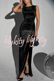 Solid Color Velvet Round Neck Sleeveless Slim Slit Maxi Dress
