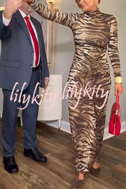 Winston Animal Print High-neck Long Sleeve Ruched Hip Stretch Maxi Dress