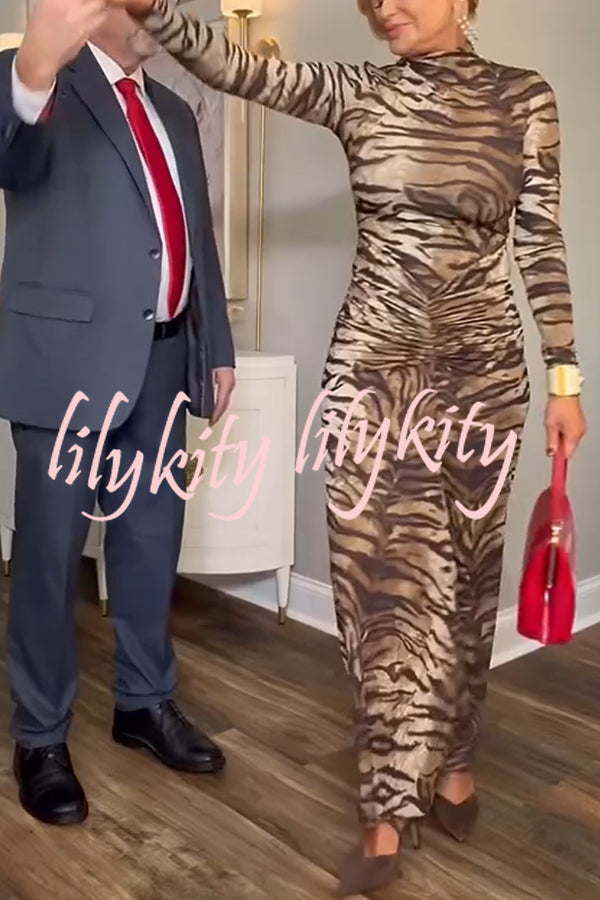 Winston Animal Print High-neck Long Sleeve Ruched Hip Stretch Maxi Dress