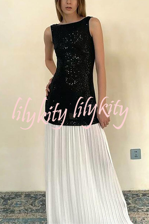 Sexy Backless Sleeveless Sequined Pleated Hem Maxi Dress