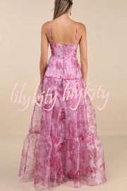 Exclusive Glamour Organza Floral Print Tiered Slip Maxi Dress