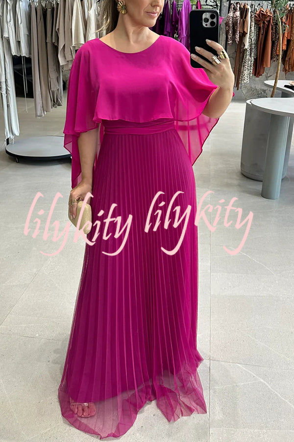 Ready for Holiday Cape Sleeve Tie-up Pleated Maxi Dress