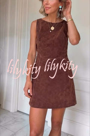 Atlas Faux Suede Open Back Button Accents Zipper Mini Dress