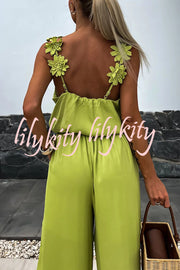 Solid Color Embroidered Flower Suspenders Casual Loose Jumpsuit