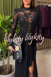 Fenna Sheer Floral Sequin Shoulder Pads Long Sleeve Drape Slit Maxi Dress