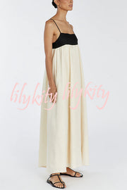 Linen Blend Sexy Sling Backless Contrast Maxi Dress