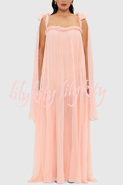 Fairy Spirit Tulle Braided Neckline Tie Arm Straps Pleated Maxi Dress