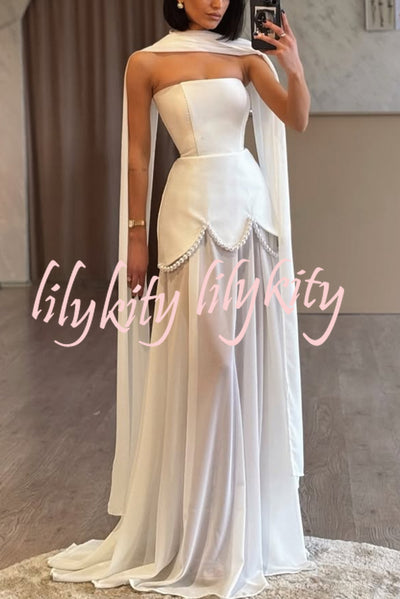 Jiya Satin Petal Hem Pearl Detail Chiffon Cape Strapless Maxi Dress