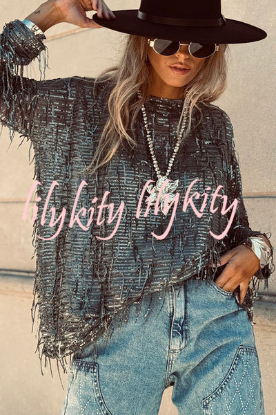 Party Crasher Sequin Tassle Fabric Long Sleeve Loose Top