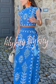 Rima Linen Blend Ethnic Print Crop Top & Tire-up Wrap Midi Skirt Set