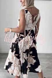 Floral Print Contrast Sleeveless Lace-up Midi Dress