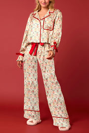 Christmas Printed Velvet Lace-up Long-sleeve Pocket Top and Elastic Waist Wide-leg Pants Set