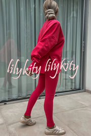 Solid Color Loose Long Sleeve SlitSweatshirt and Elastic Waist Tight Pants Set