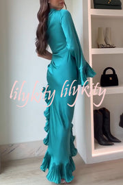 Elegant Satin One Shoulder Sleeve Pleated Ruffles Trim Ruched Asymmetrical Maxi Dress