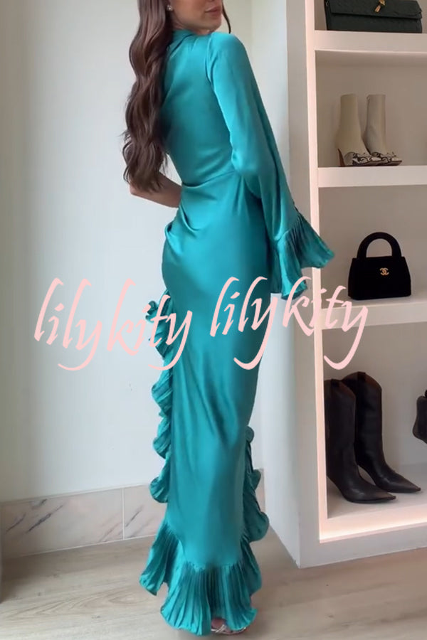 Elegant Satin One Shoulder Sleeve Pleated Ruffles Trim Ruched Asymmetrical Maxi Dress