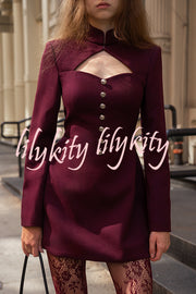 Elegant Long-sleeved Hollowed-out Button-down Slim-fit Mini Dress