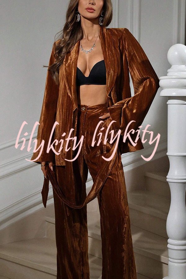 Solid Color Velvet Pleated Long-sleeved Tie Top and Casual Pocket Straight-leg Pants Set