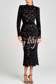 Diane Velvet Embroidered Floral Lace Long Sleeve Belt Scallop Edge Midi Dress