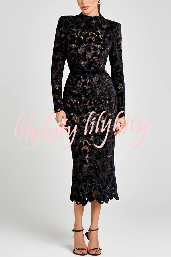 Diane Velvet Embroidered Floral Lace Long Sleeve Belt Scallop Edge Midi Dress