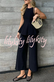 Solid Color Round Neck Sleeveless Casual Top and Loose Straight Pants Set