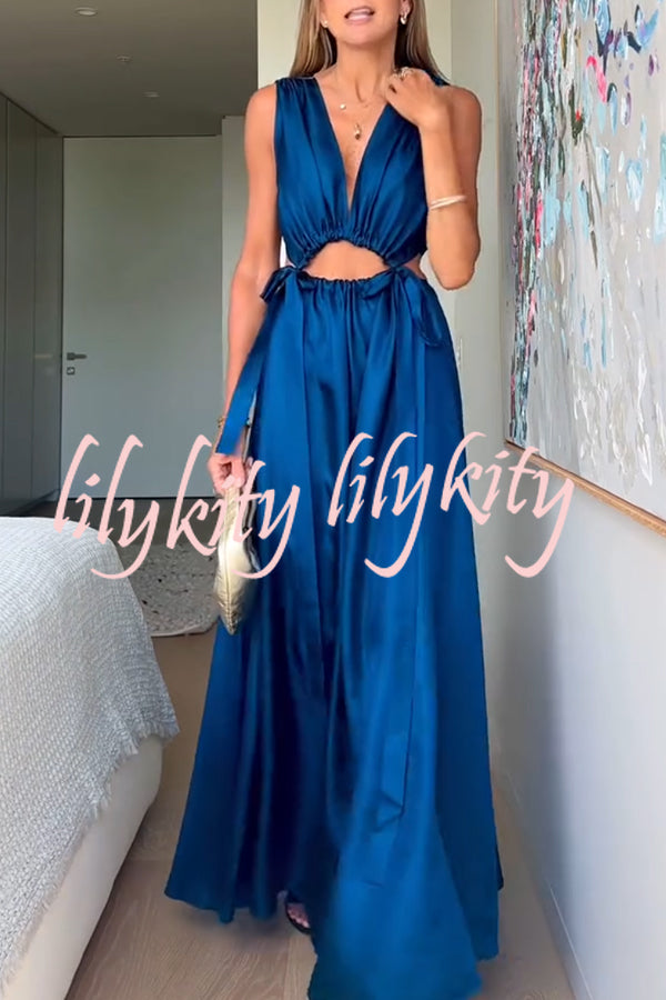 Midnight Charm Satin Ruched Cutout Tie-up Maxi Dress