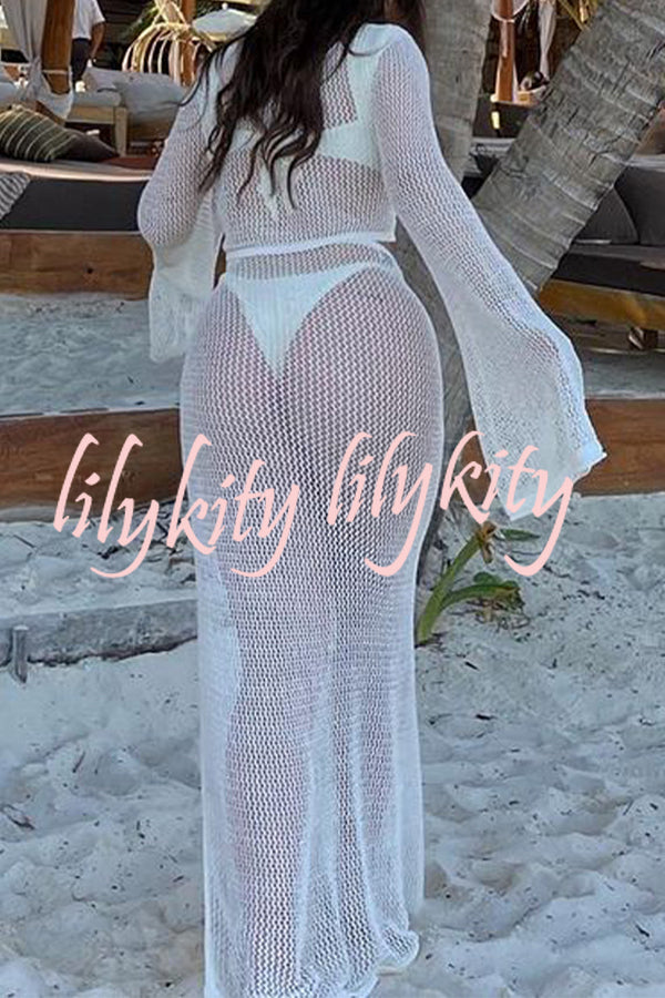 Knitted Slit See Through Hollow Tie Skirt Suit