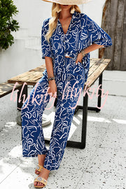 Irregular Printed Button Pocket Long Sleeved Shirt and Elastic Waist Pants Set