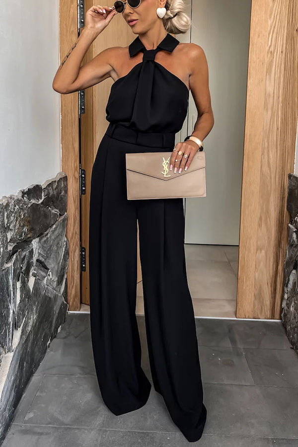 Fashionable Unique Look Halter Shirt Collar Pocketed Wide Leg Jumpsuit