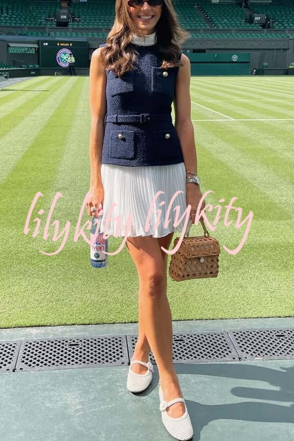 Sporty Elegance Tweed Metal Button Belted Pleated Hem Mini Dress