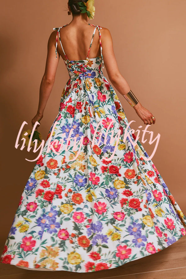 Garden Wedding Floral Print Back Tie-up Pocketed Slit Maxi Dress