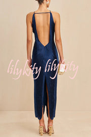 Sexy Allnight Metallic Halterneck Backless Fringed Slit Maxi Dress